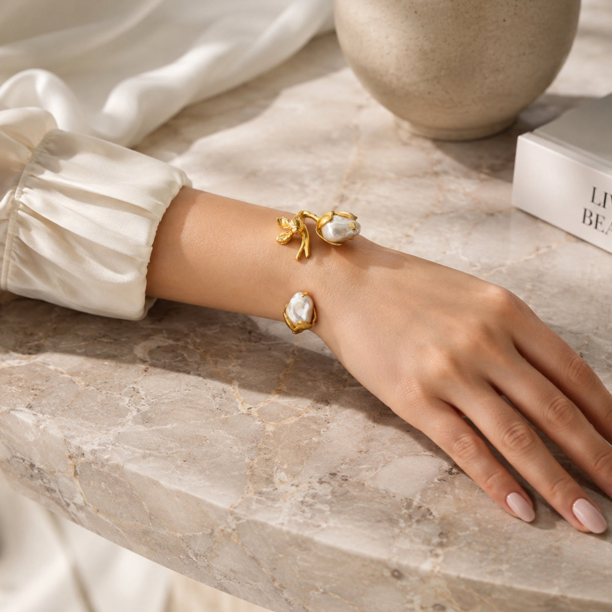 Baroque Pearl Floral Cuff Bracelet