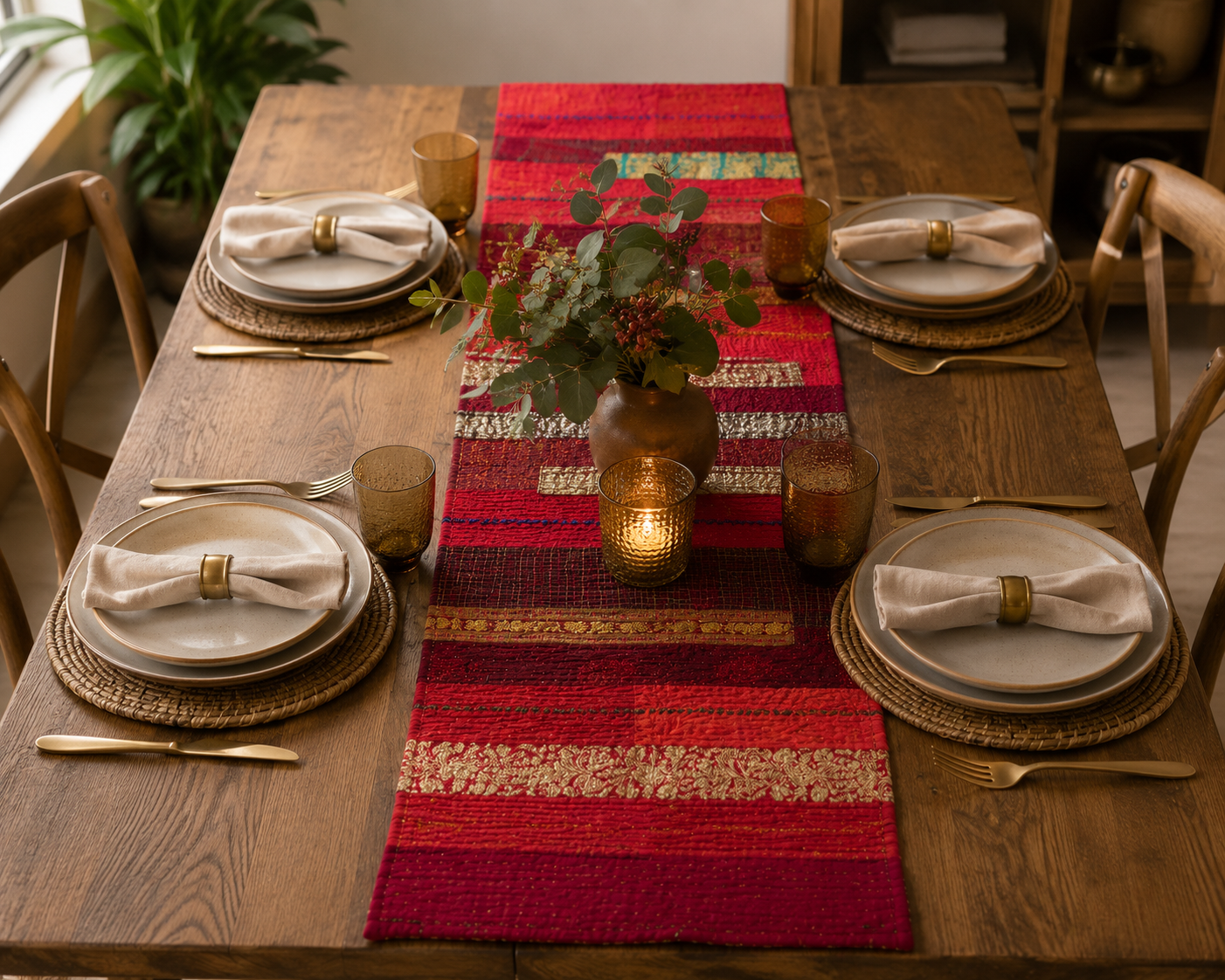 Red Jewel Striped Table Runner