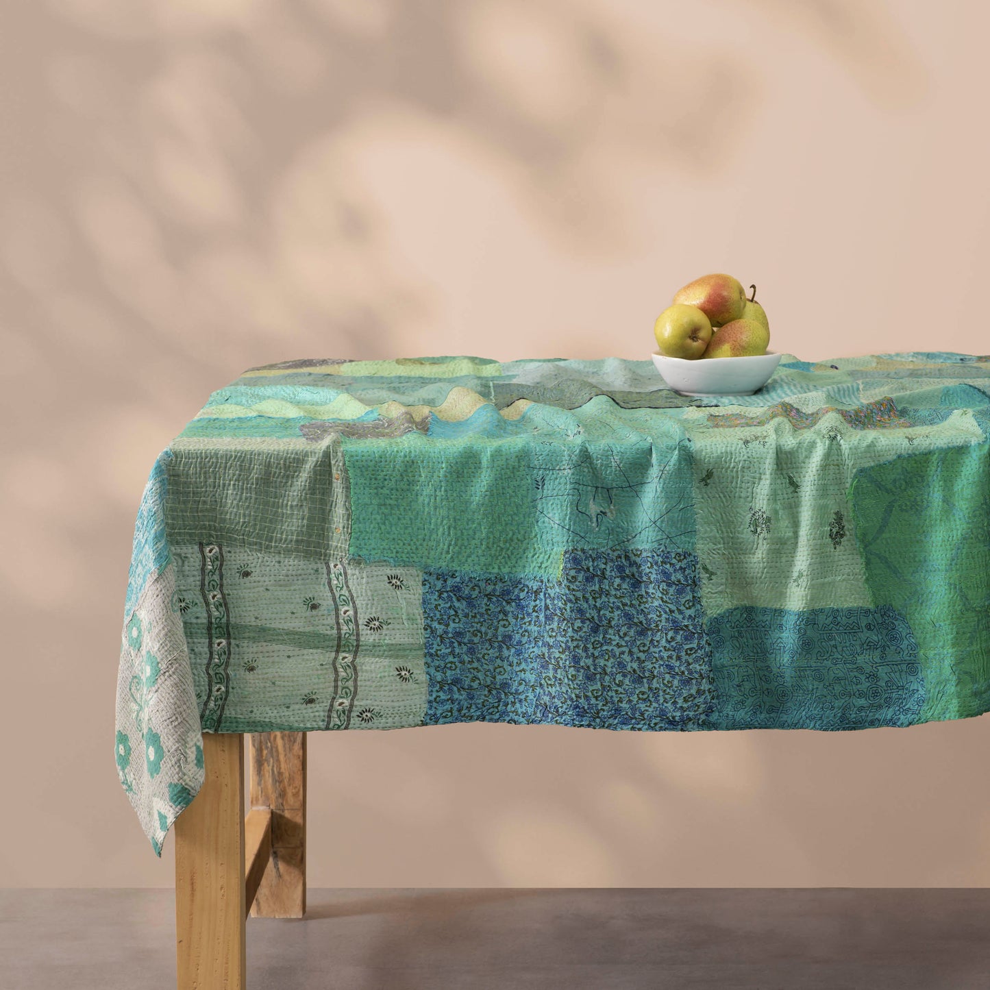 Printed Fray Patch Vintage Cotton Kantha Table Cover - Sage