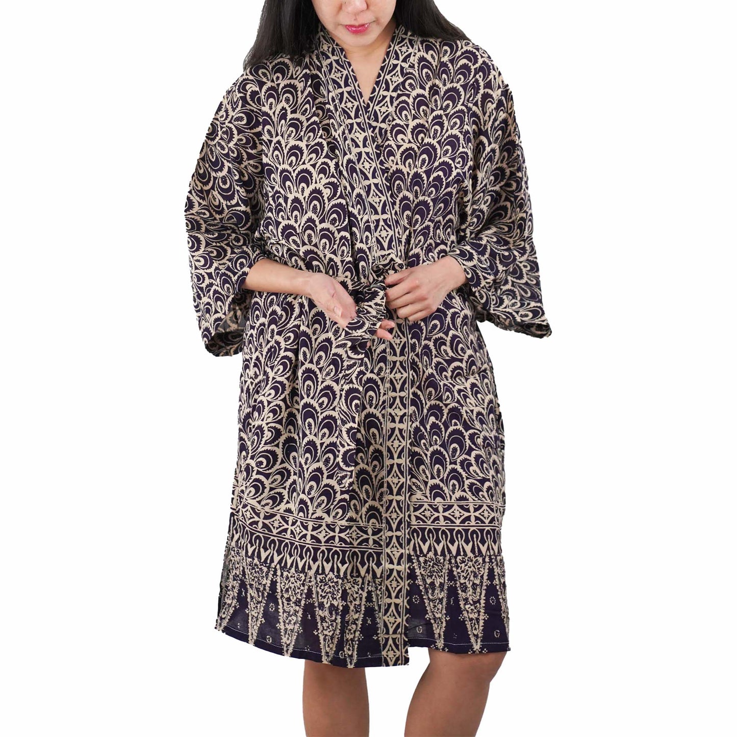 Handmade Batik Robe Kimono, 100% Cotton Soft, Hand Dyed, Black Gray Peacock
