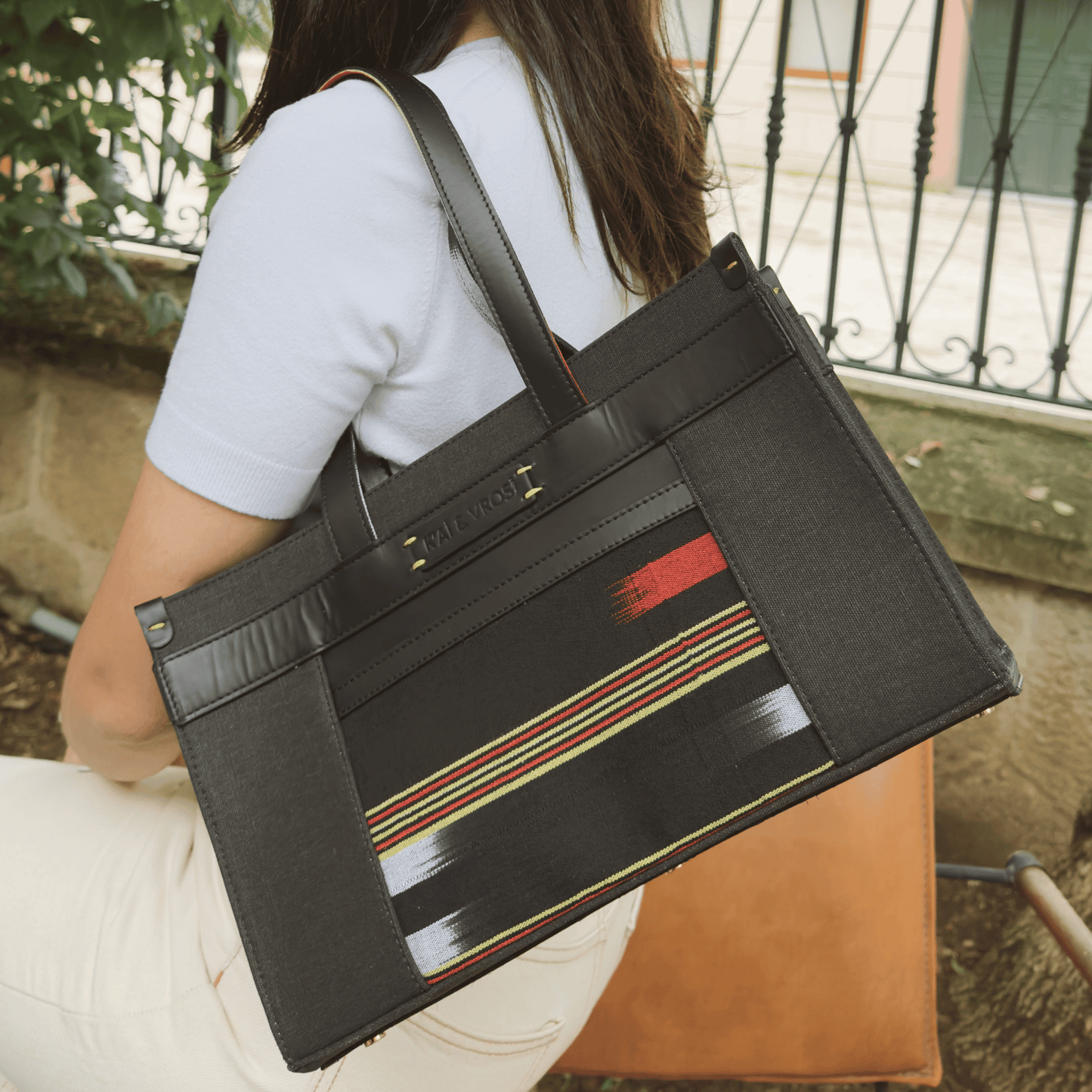 Midi Black Leather & Canvas Tote Bag with Pockets