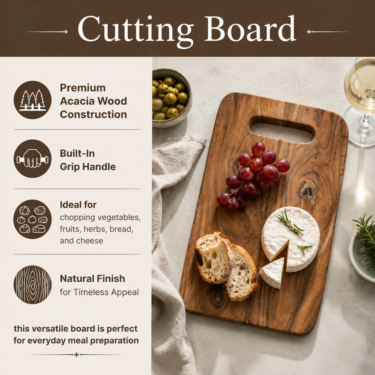 Acacia Wood Cutting Board with Built-In Handle, 8x0.75x12"