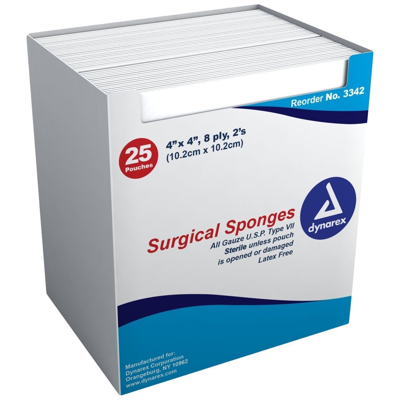 Dynarex Surgical Sponges All Gauze 4” X 4”, 8-ply, 2’s 25 Pouches