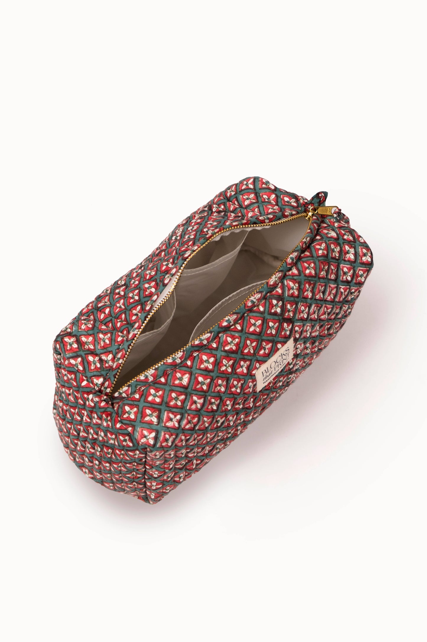Large Block Print Quilted Travel Pouch - Holiday Crimson