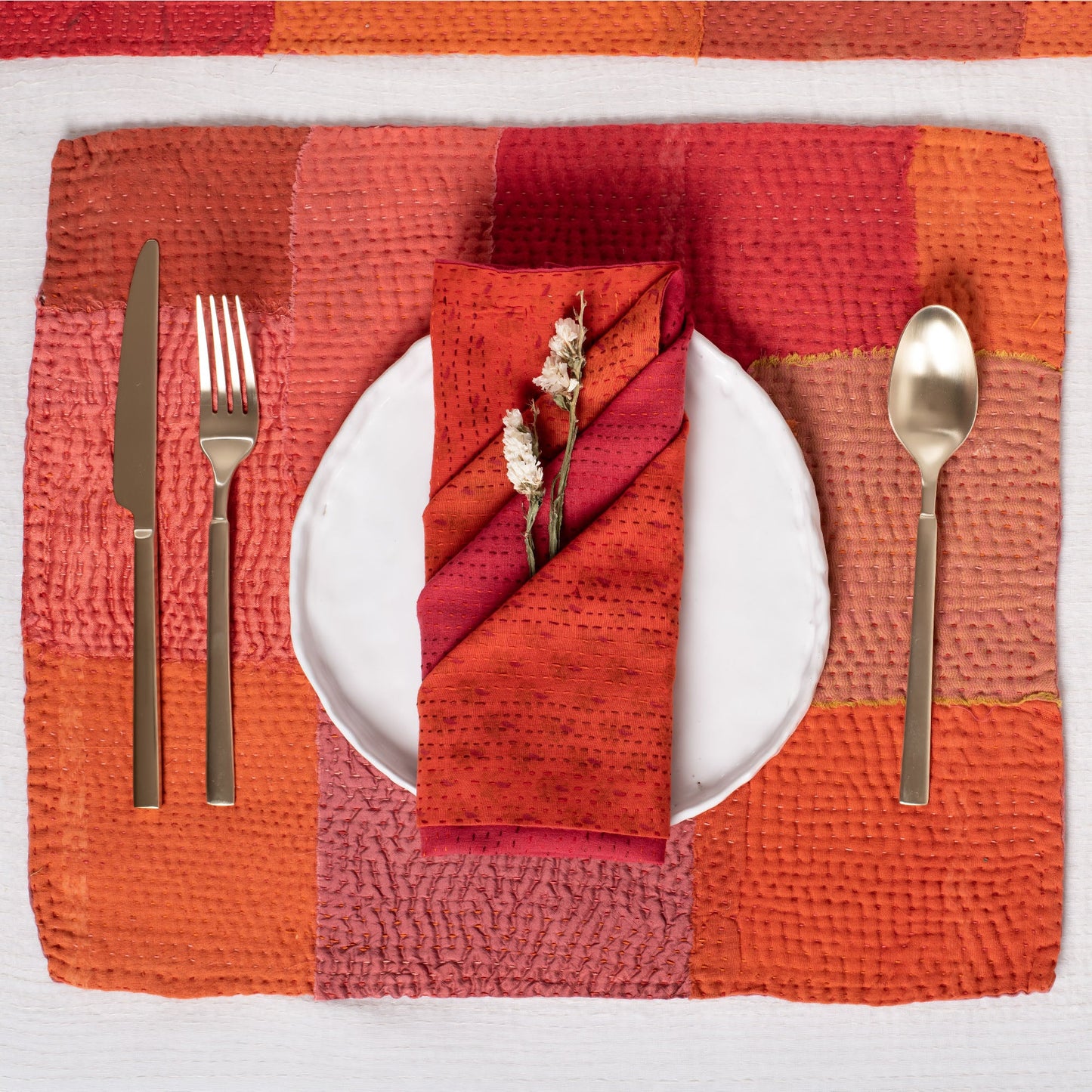 S/2 Mosaic Fray Patch Vintage Kantha Placemat - Carrots