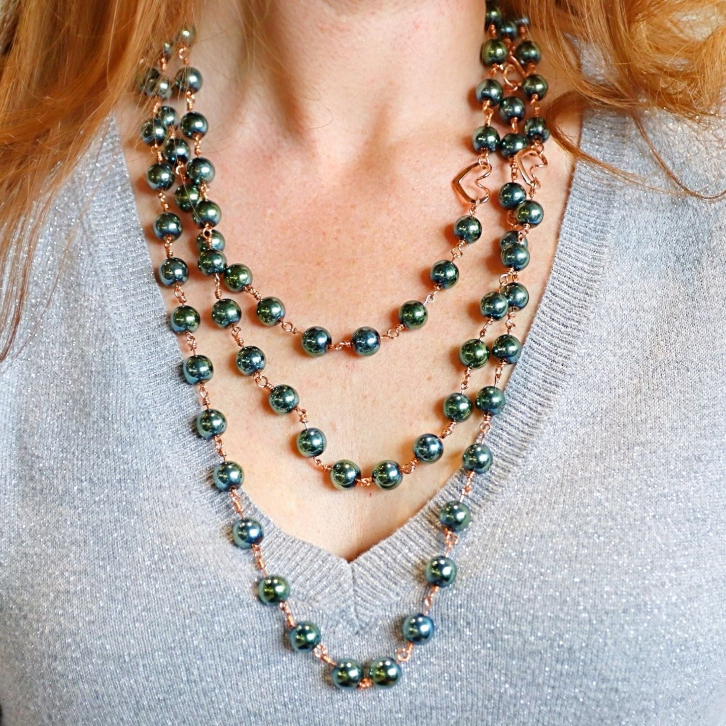 Jasmine Green Hematite 3-Layer Necklace | Magnetic Clasp