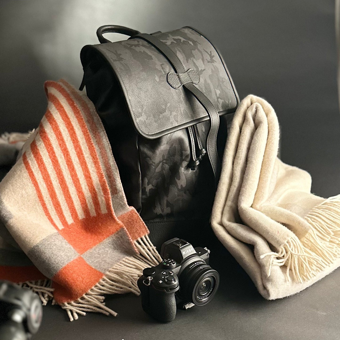 WANDERLUST Cotswold Leather Backpack ~ Grey Camo