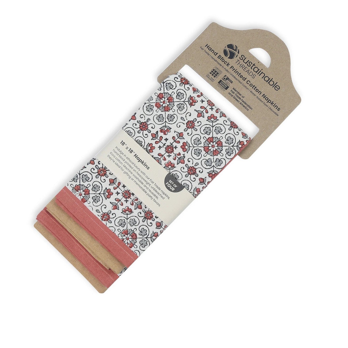 STREAMLINE 18"x18" Hand Block Printed Napkins - Set of 4. Cotton - Fair Trade - Artisan Made