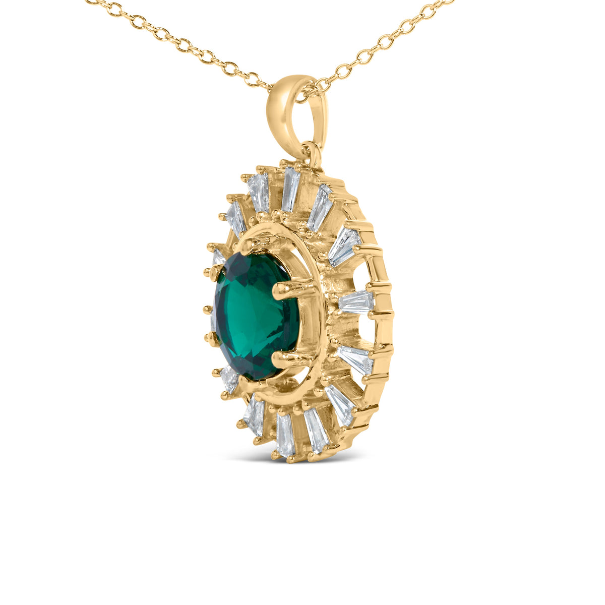 14KT Yellow Gold Plated .925 Sterling Silver Lab Grown Emerald and Baguette Diamond Medallion Pendant Necklace
