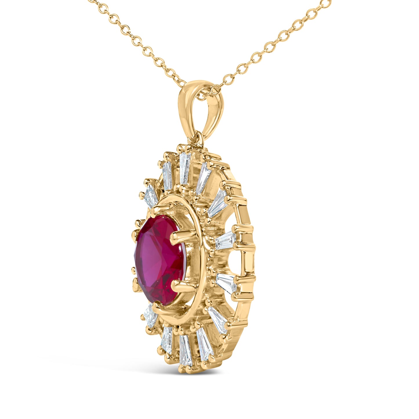 14K Yellow Gold Plated Silver Lab Grown Ruby and 5/8 Cttw Baguette Diamond Medallion Pendant Necklace