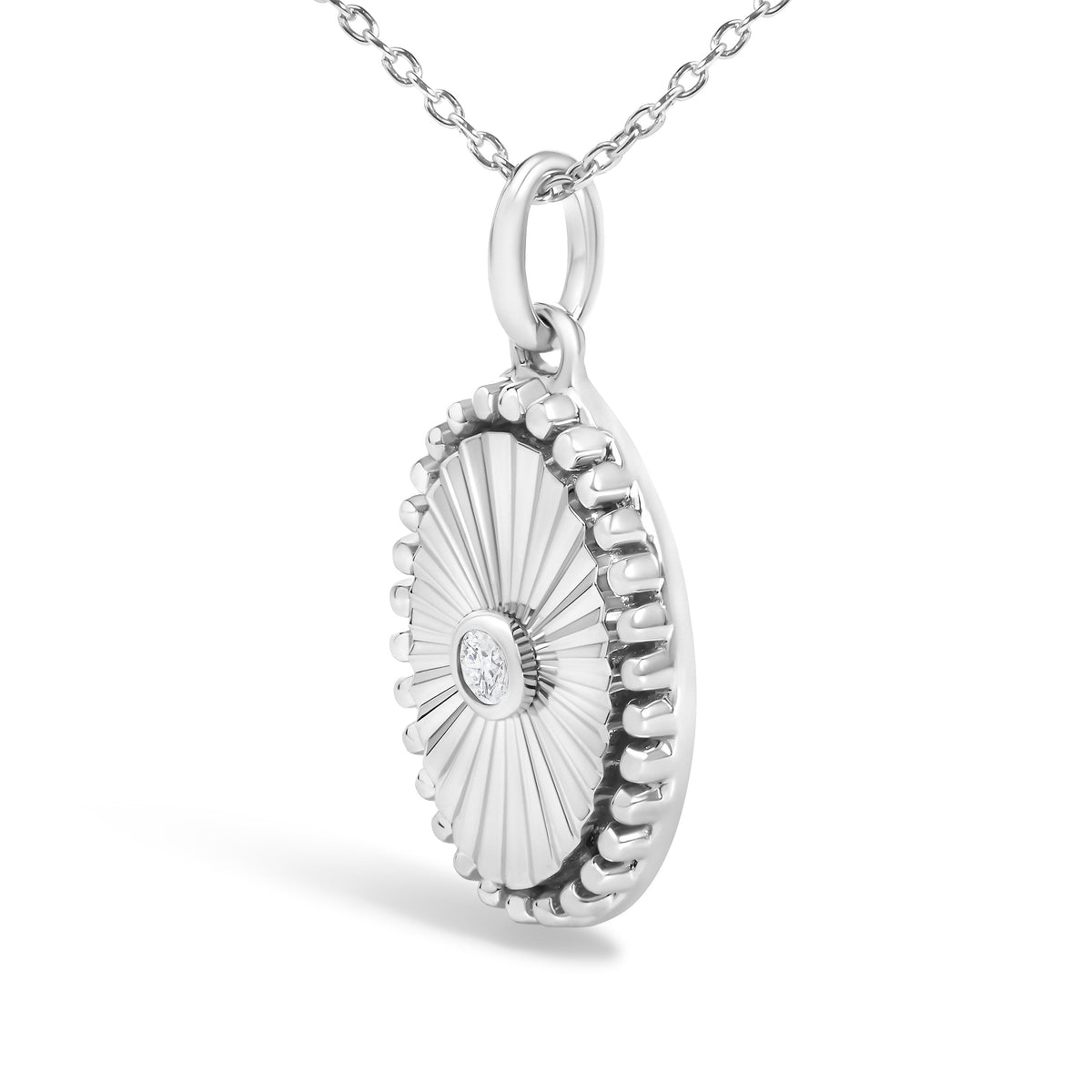 10K White Gold Diamond Accent Oval Fluted Medallion Pendant Necklace