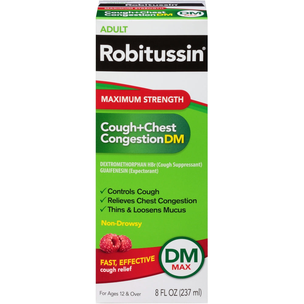 Robitussin Cough + Chest Congestion DM Max, Adult Maximum Strength, Raspberry - 8 Fl Oz