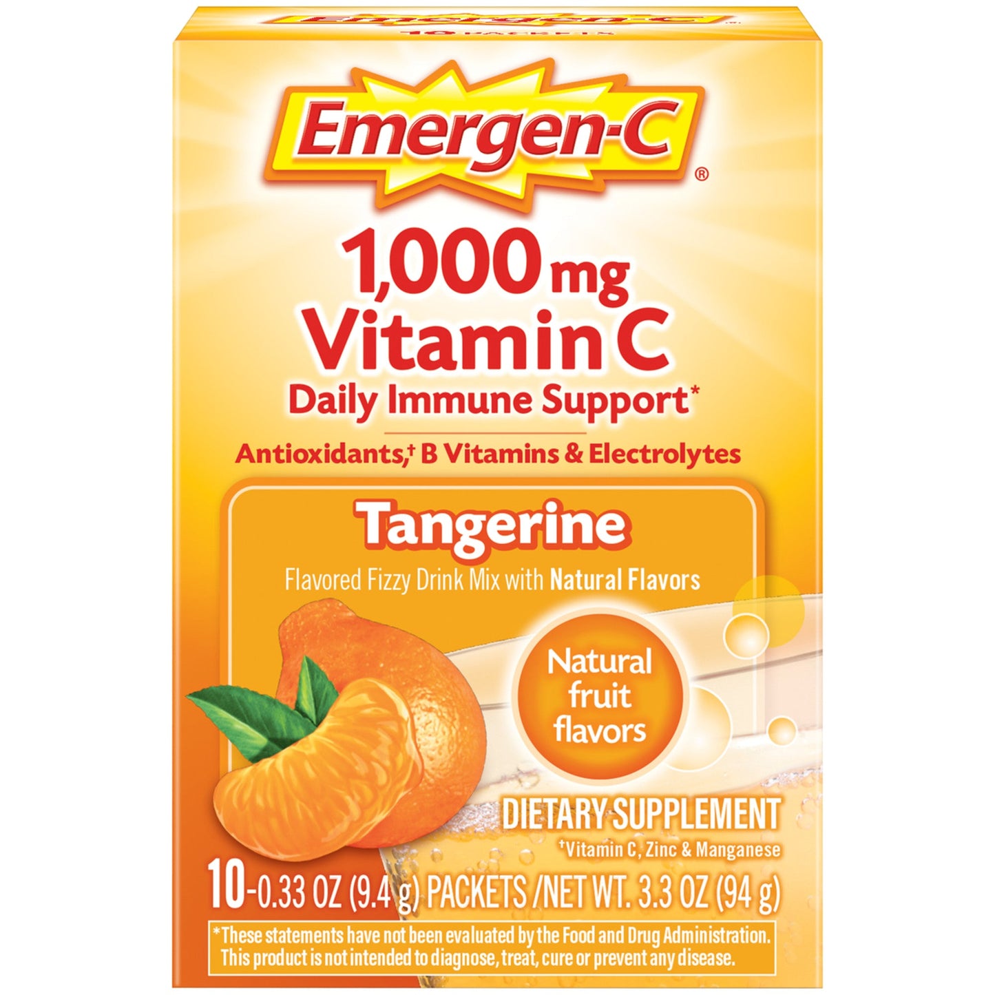 Emergen C 10 Count, Tangerine Flavor) Dietary Supplement Fizzy Drink Mix With 1000 Mg Vitamin 0.33 Ounce Packets, Caffeine Free