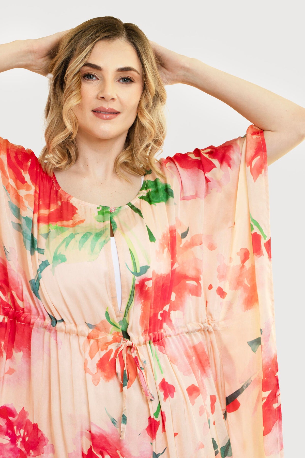 Delicate Floral Tie Waist Keyhole Kaftan