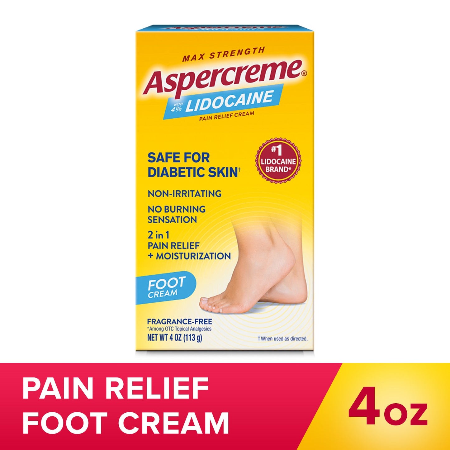 Aspercreme Pain Relief Foot Cream With 4% Lidocaine, Max Strength, Fr