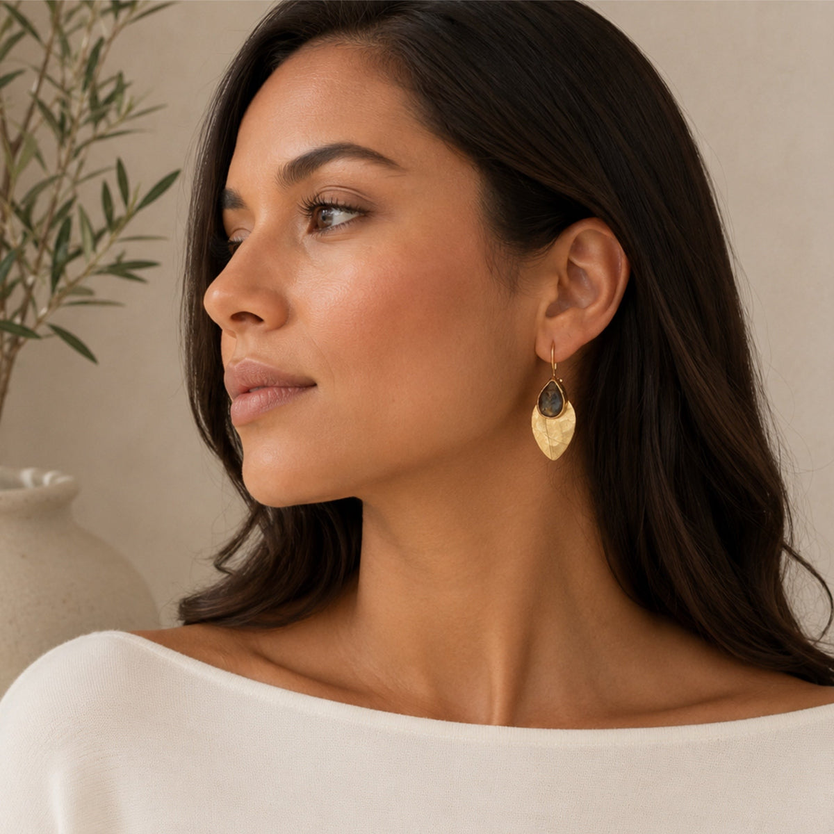 Daria Labradorite Gold Leaf Earrings