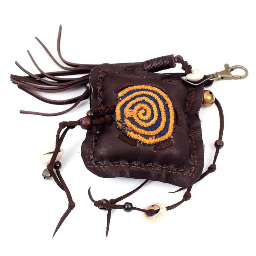 Handmade Leather Zipper Pull with Embroidery and Shell Detail | Ethical Bag Accessory – Thailand