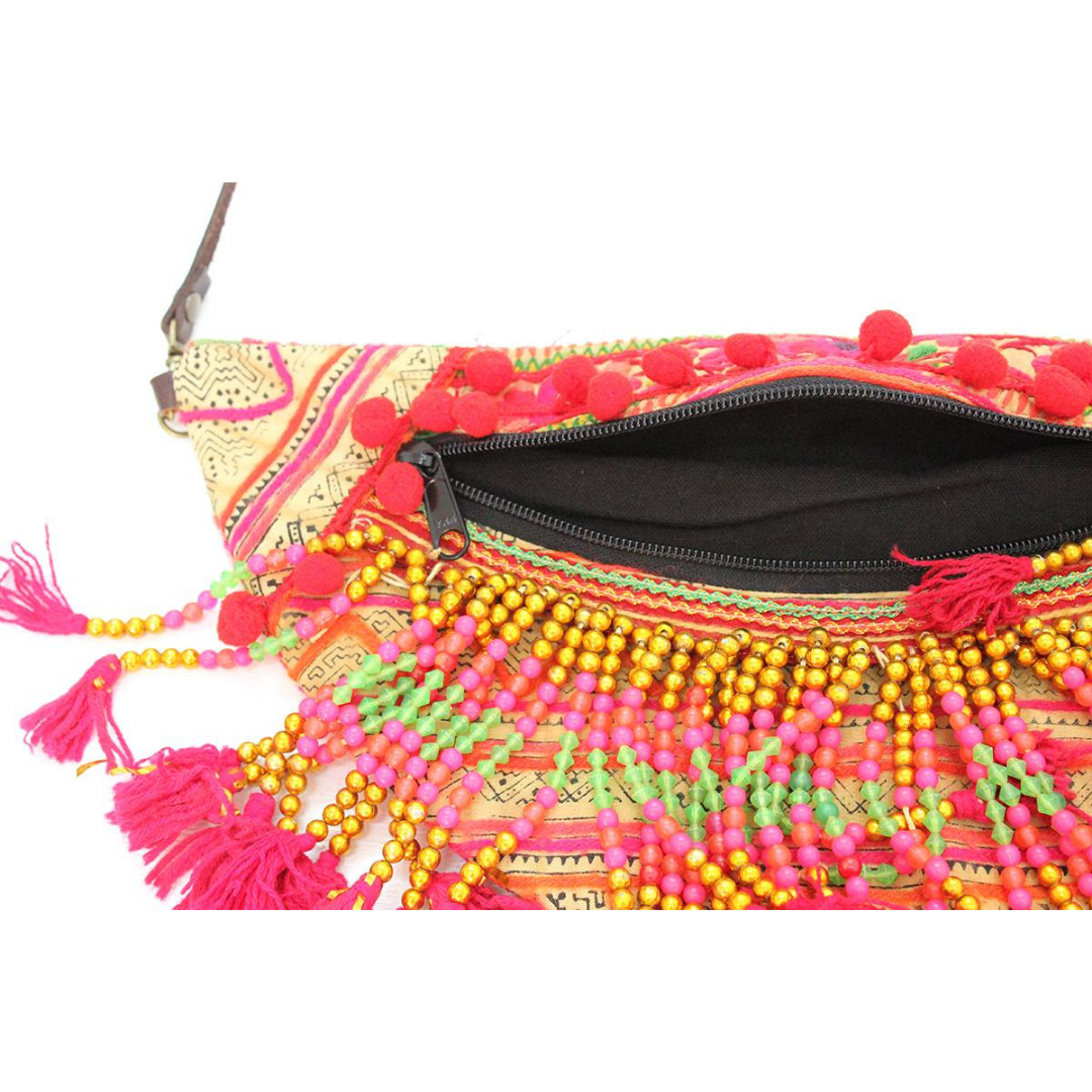 Vintage Hmong Beaded Fringe Cross-Body Purse - Thailand