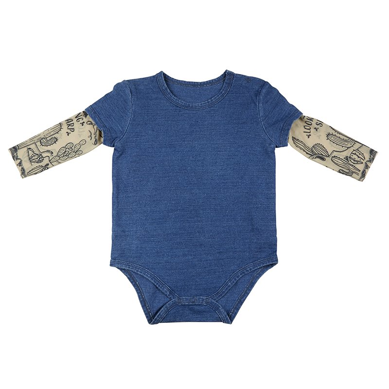 Cactus Tattoo Snapshirt Baby Bodysuit in Blue | Unisex Infant Size 6-12 Months | Cowboy Western Funny Full Sleeve Tattoo Infant Shirt