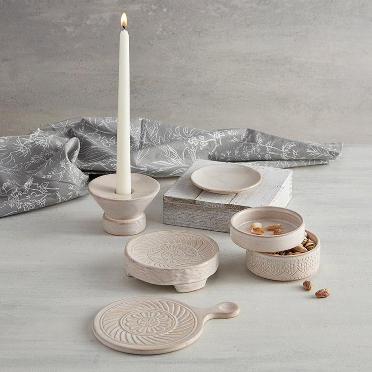 Embossed Mini Stoneware Trivet | Rustic Hot Dishes Ceramic Stand | 5" Diameter