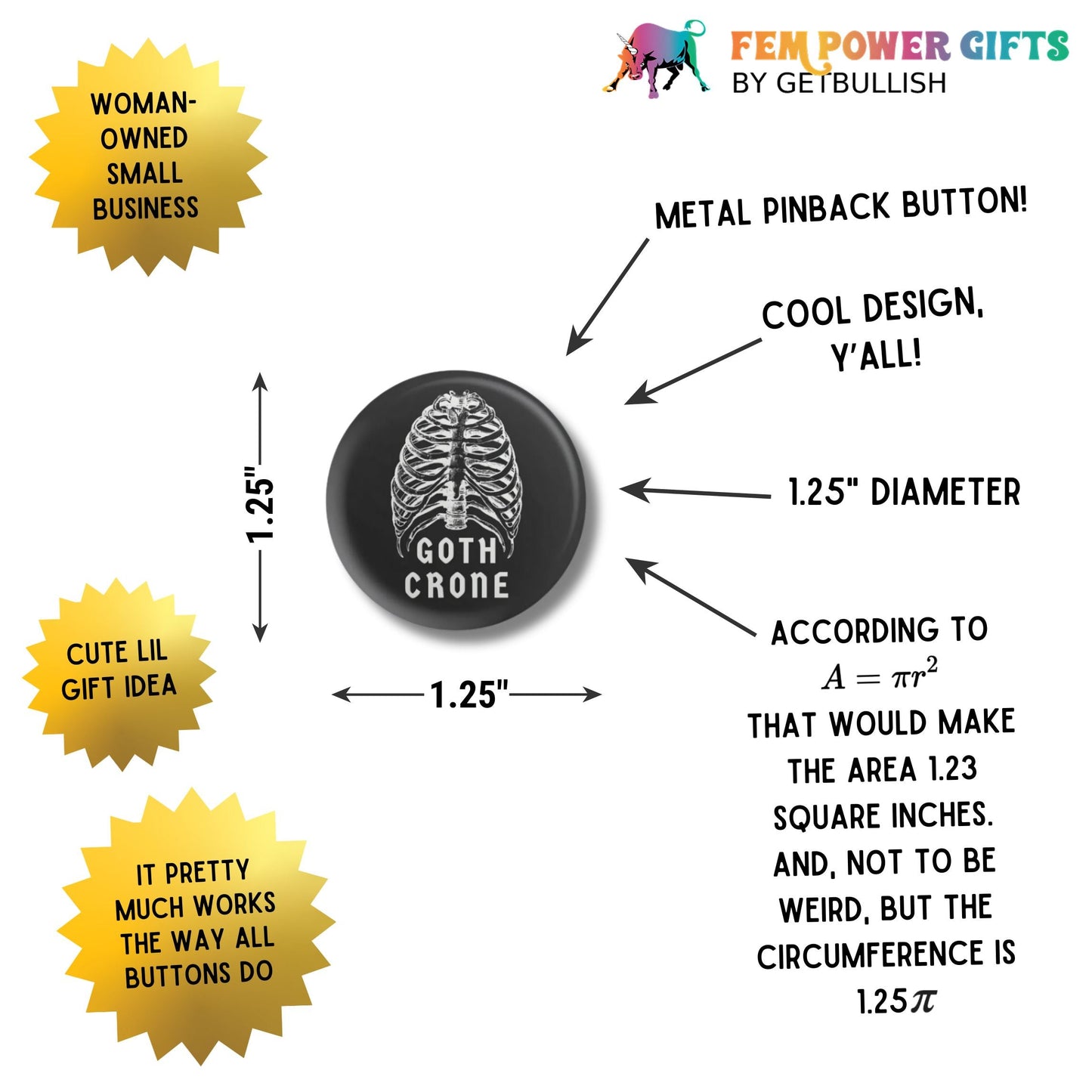 Goth Crone 1.25" Button Pin in Black with Vintage Art | Funny Pinback Button Badge