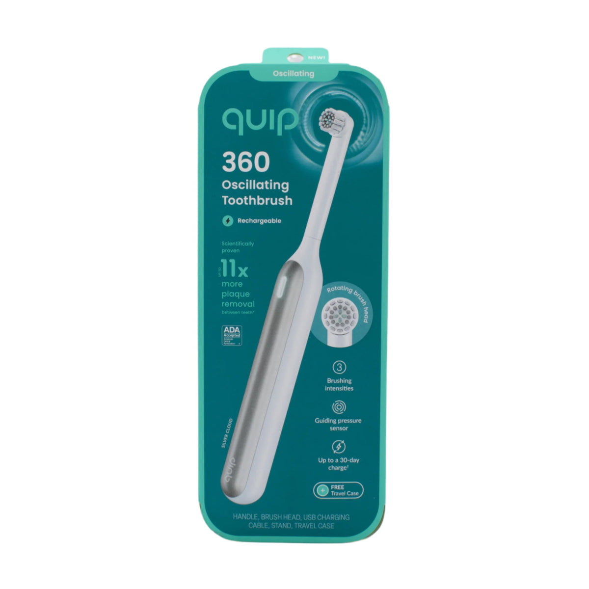 quip 360 Rechargeable Oscillating Toothbrush in White / Silver - New