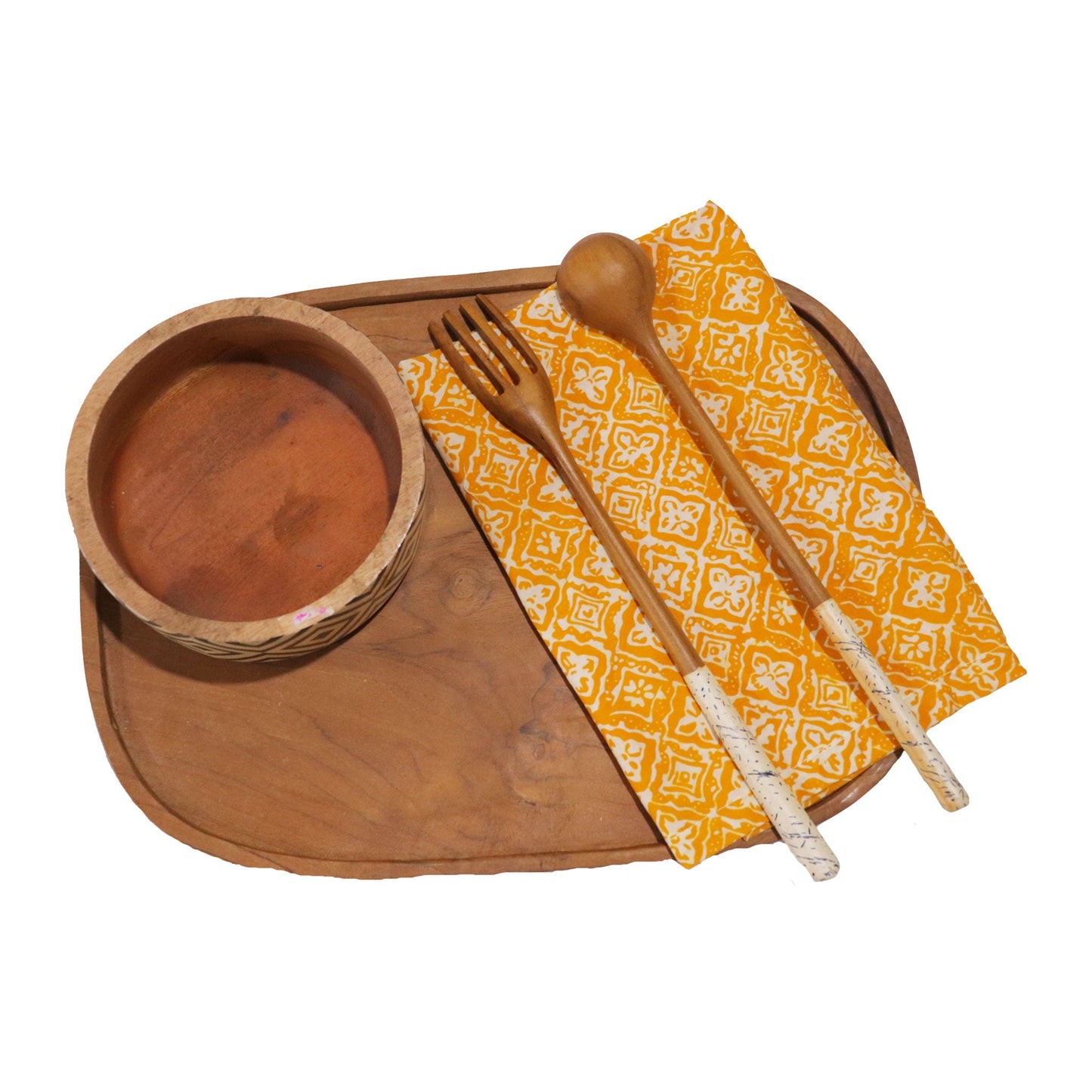 Batik Cloth Napkin Set of Four, Kamboja, Hand Dyed, 100% Cotton, Mustard, Yellow, Brown