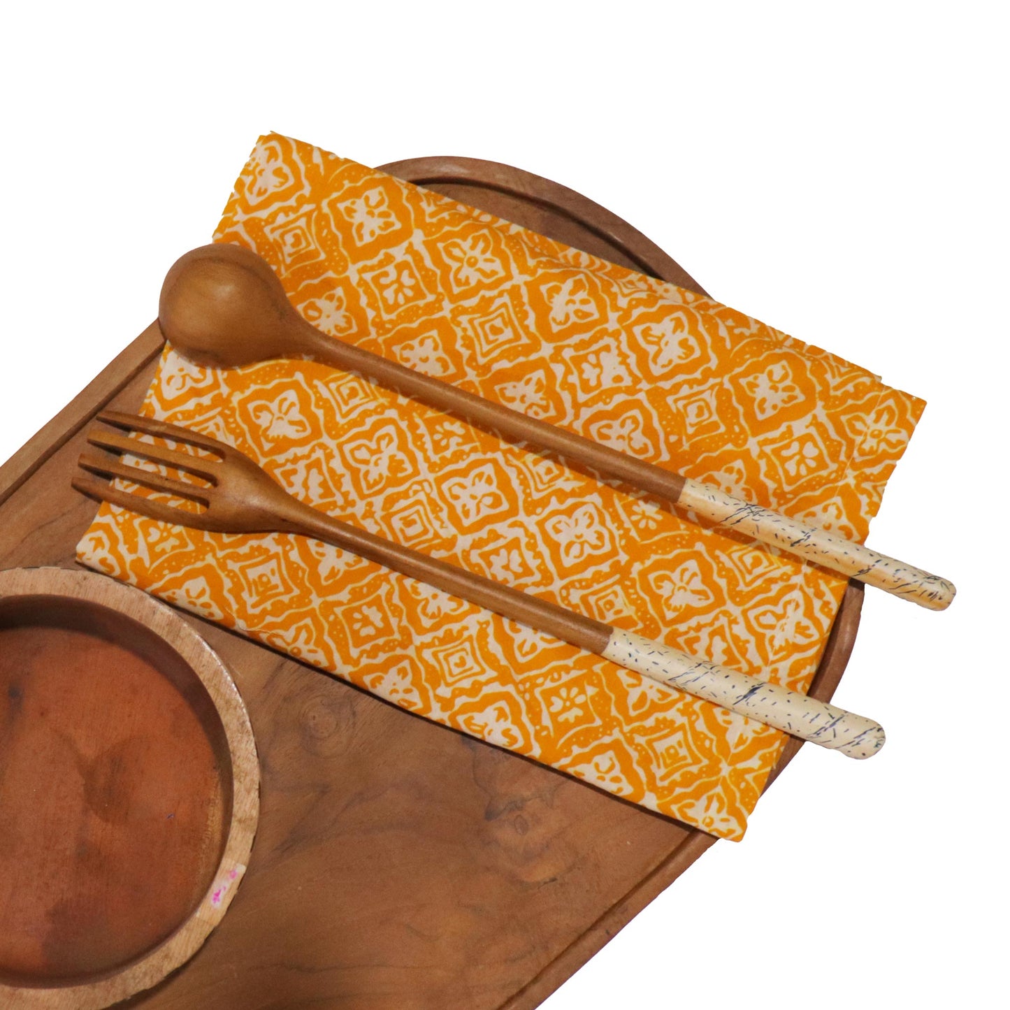 Batik Cloth Napkin Set of Four, Kamboja, Hand Dyed, 100% Cotton, Mustard, Yellow, Brown