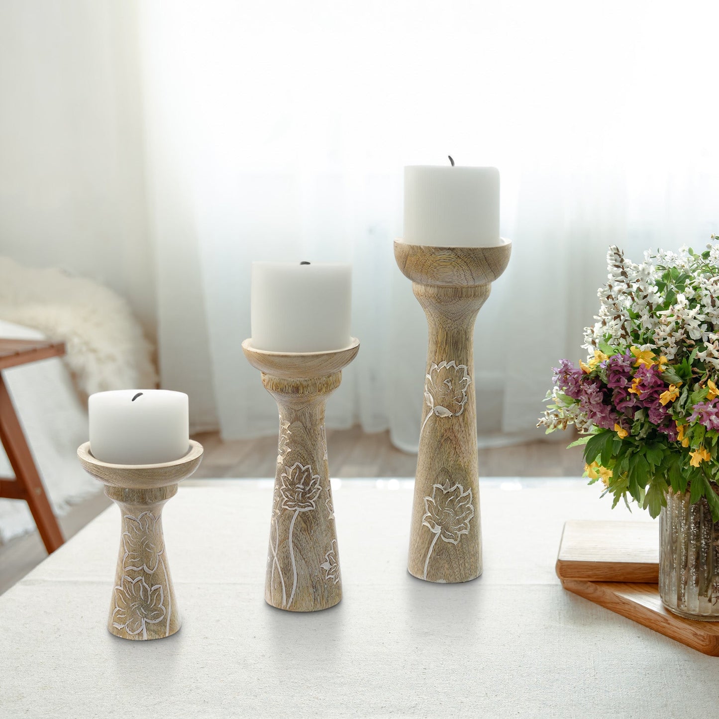 Lotus Vine Pillar Candleholder Set - Whitewash