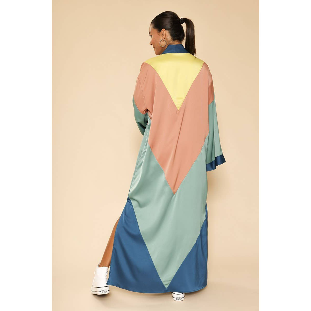 Miss Sparkling Chevron Kimono Big Long Textured Satin Duster | Light Jacket, Outdoor Robe, Swimsuit Coverup | Sizes SM-XL