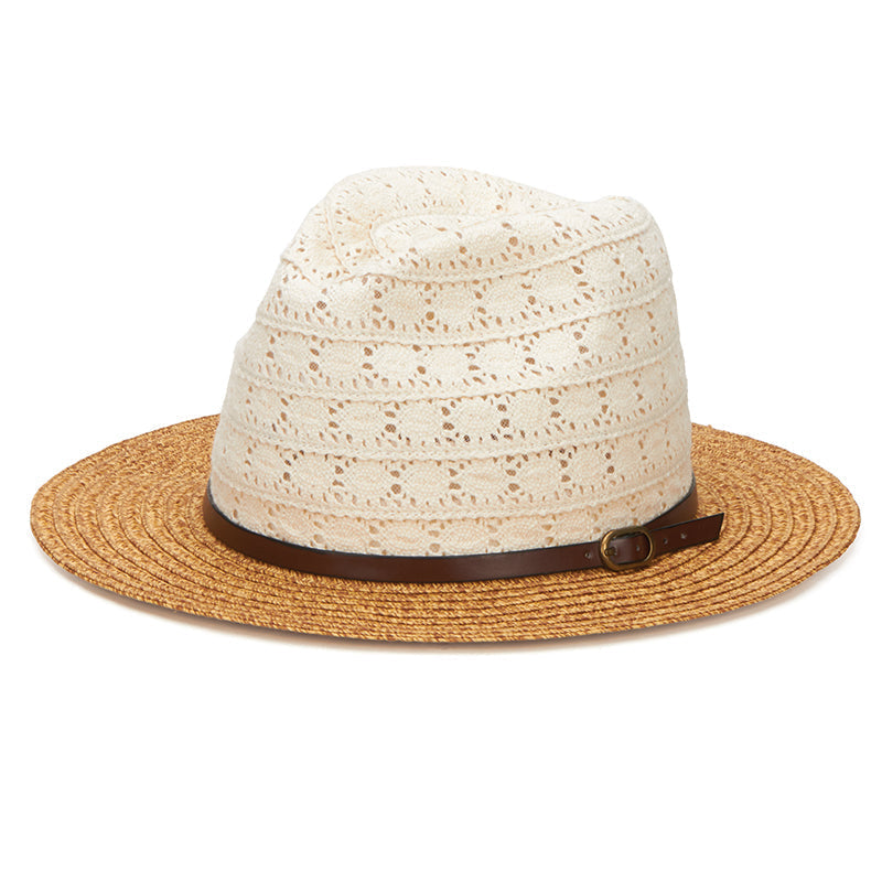 Women's Paperbraid Fedora With Cotton Lace Crown And Faux Leather Belt Band (PBF6164)