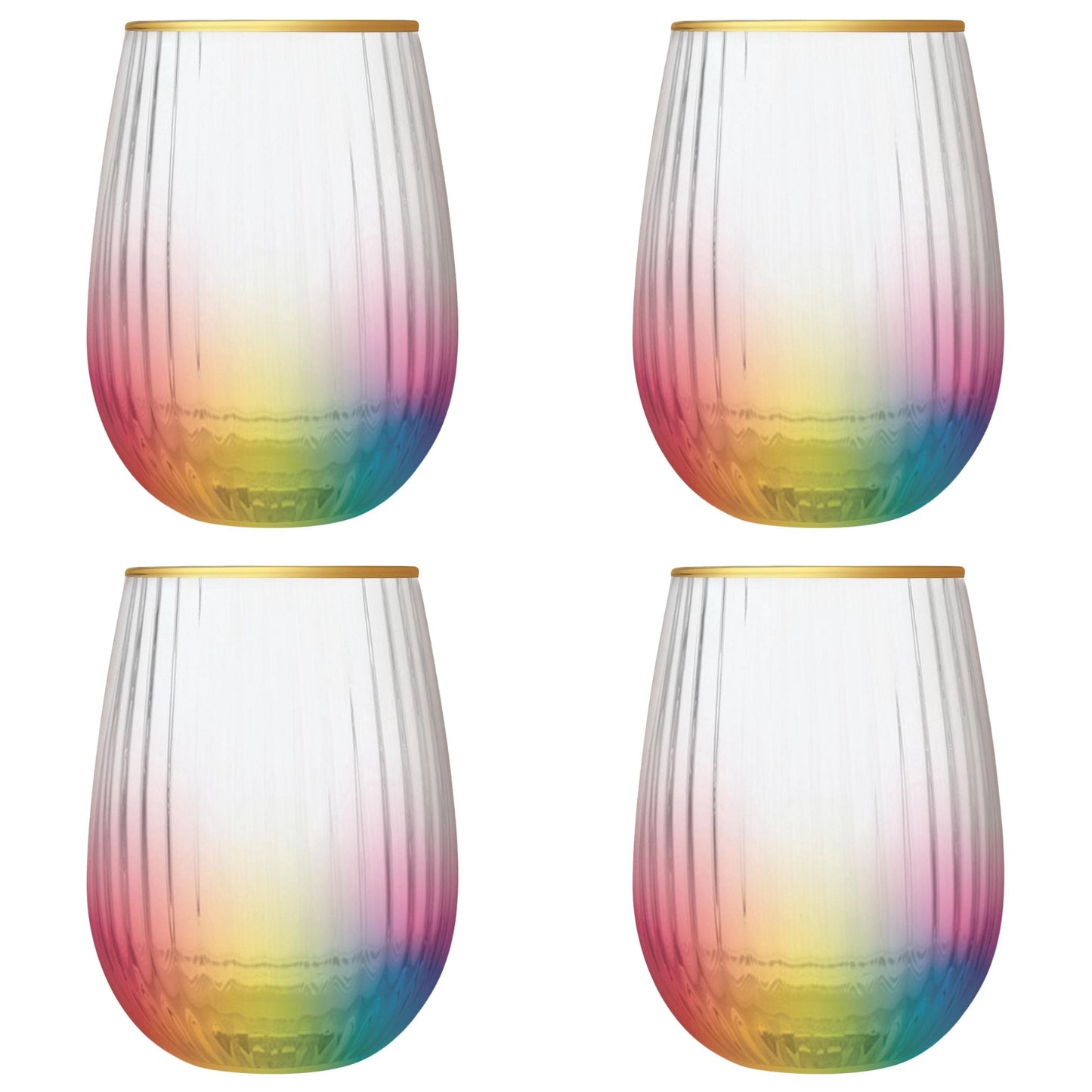 Set of 4 Rainbow Beveled Stemless Wine Glass | 19 oz.