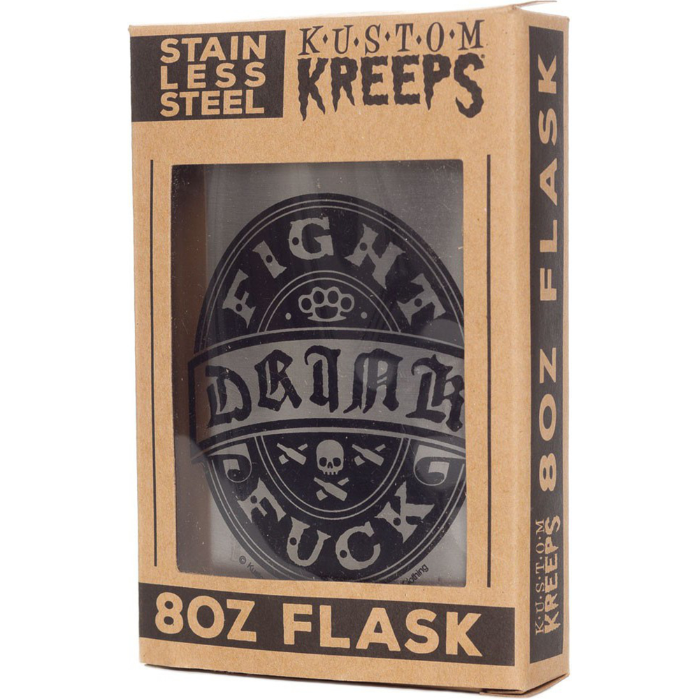 Sourpuss Kustom Kreeps Flask | Drink Fight Fuck Stainless Steel Hip Flask | Rockabilly Barware | Punk Gift