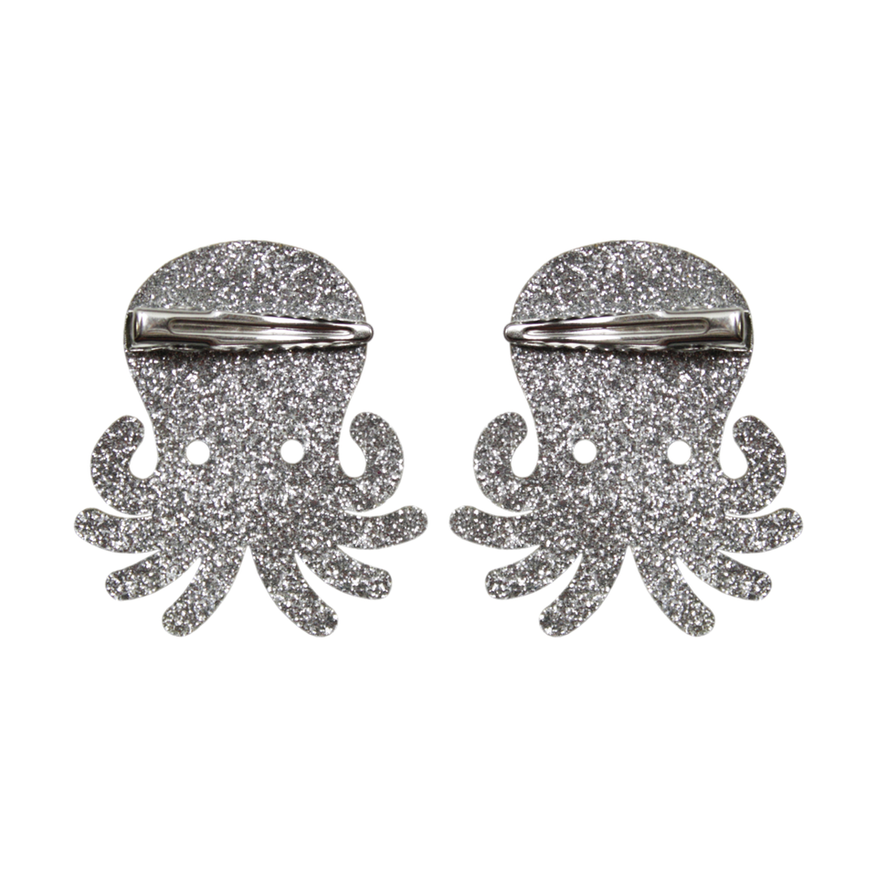 Sourpuss Silver Glitter Octopus Hair Clips Set of 2 | Nautical Rockabilly Hair Accessories