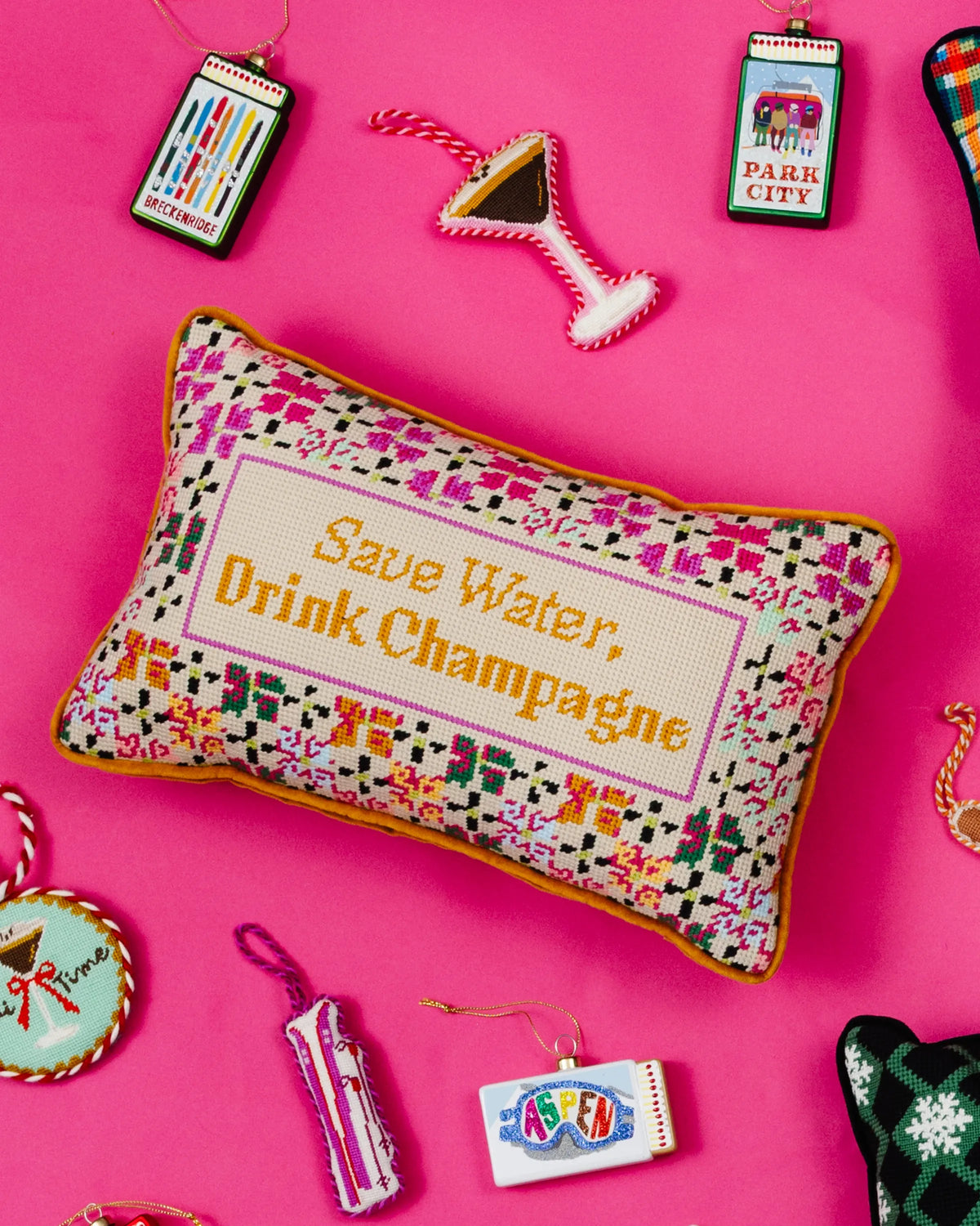 Drink Champagne Needlepoint Pillow