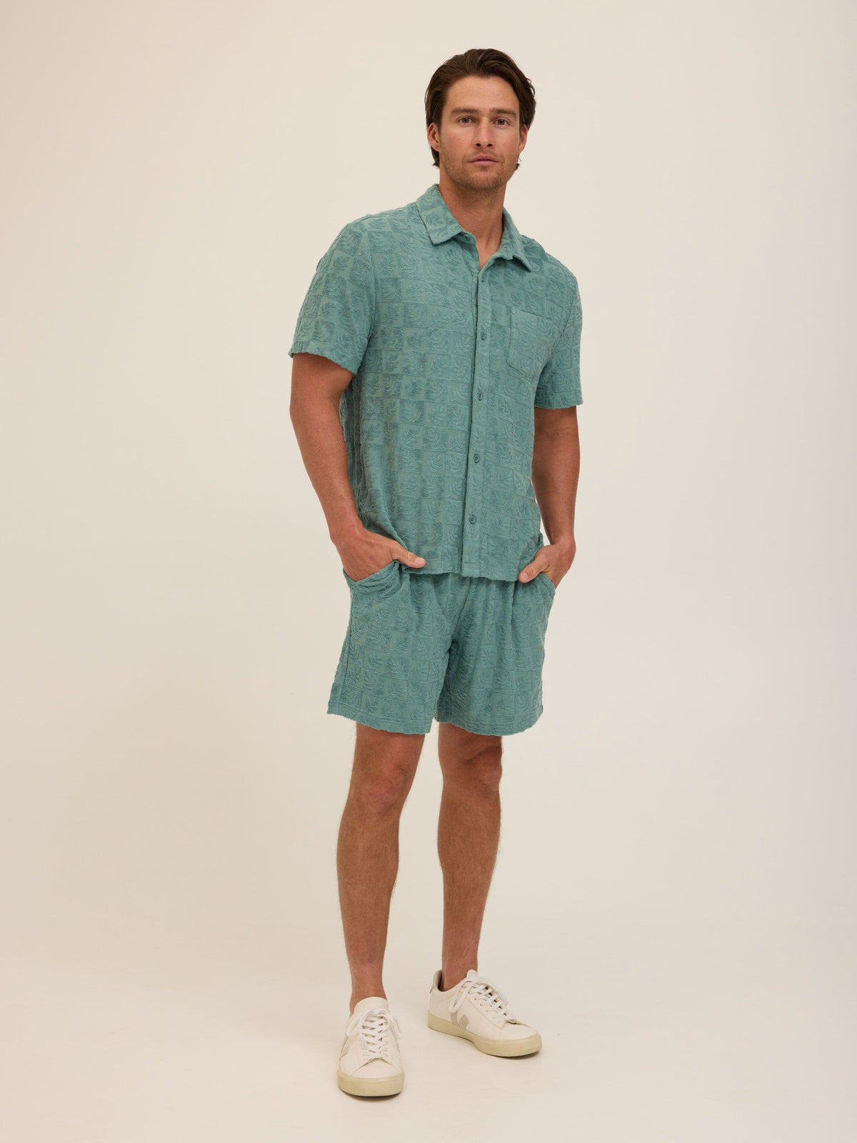Paxton Tile Leaf Jacquard Terry Button-Down Pocket Shirt