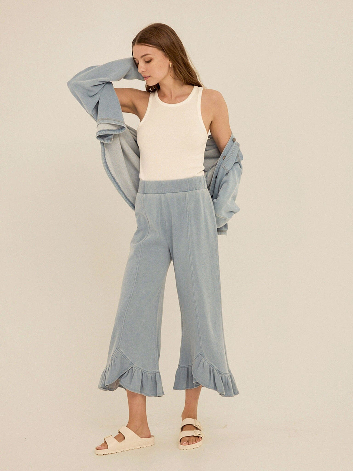 Akela Denim Terry Ruffle Capri Pant
