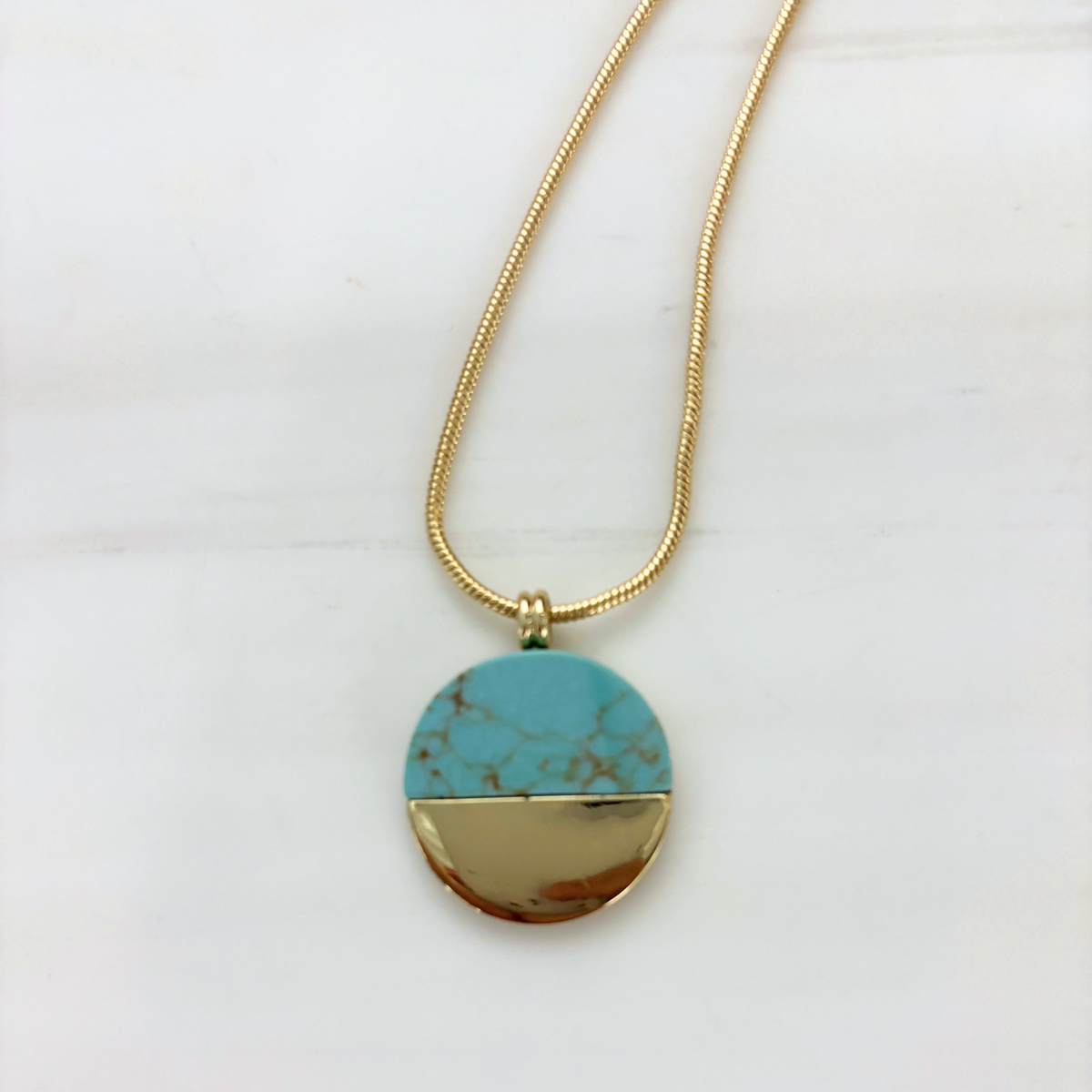 Turquoise Disc Necklace 20" Chain with 1" Stone Pendant | Minimalist Half-Metal Jewelry