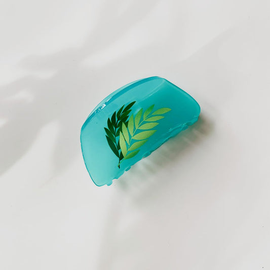 Velvet Claws Hair Clip | Painted Leaves in Blue | Claw Clip in Velvet Travel Bag