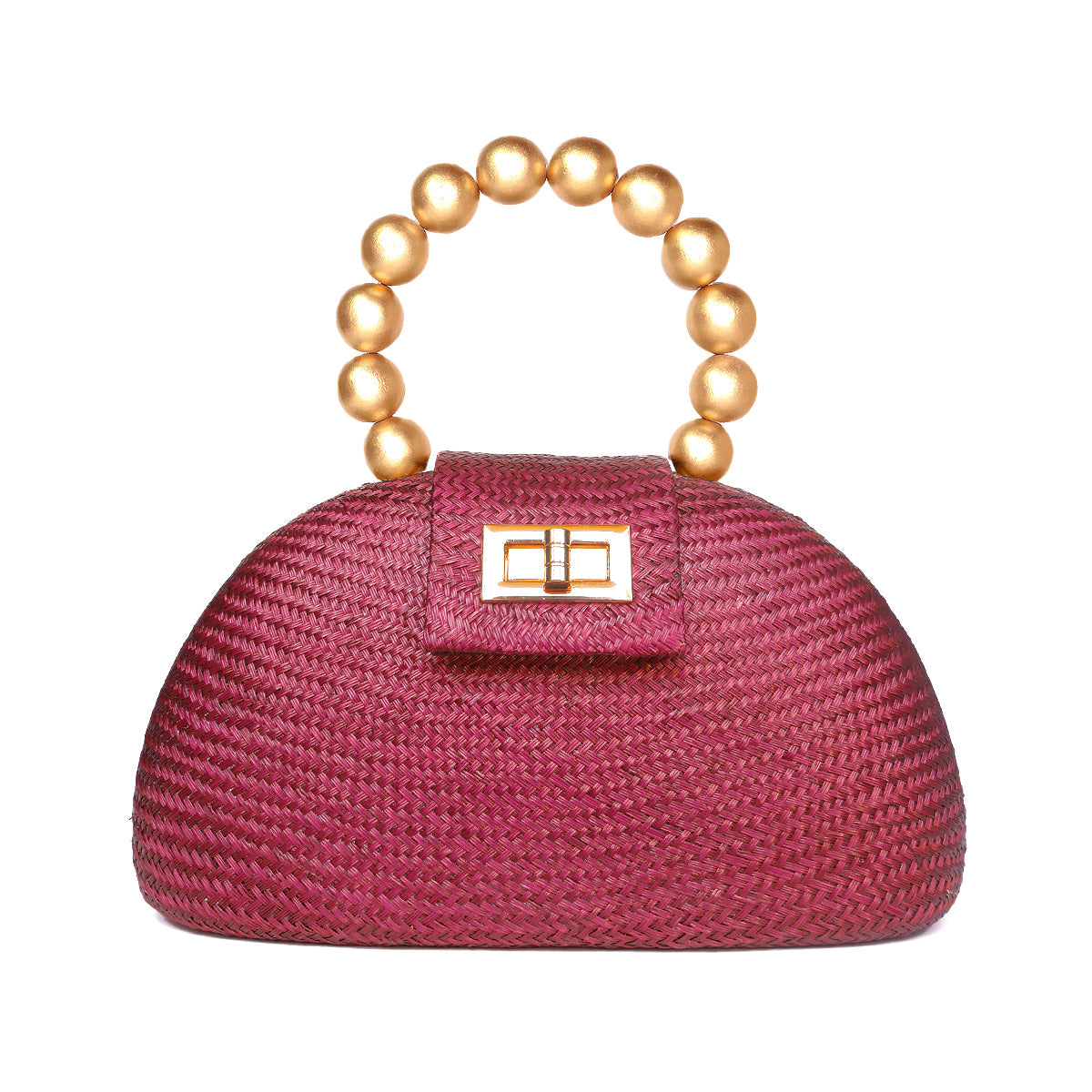 THE ORLA — Maroon Woven Straw Half-Moon Bag with Gold Beaded Handle