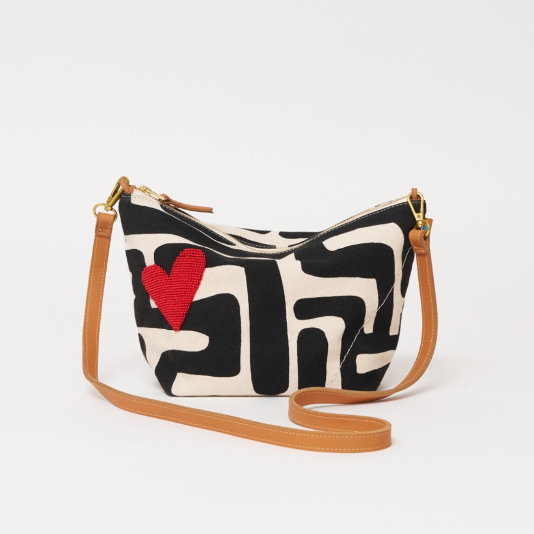 XLarge Convertible Pouch - Black Kuba with Beaded Red Heart with Medium Leather Strap