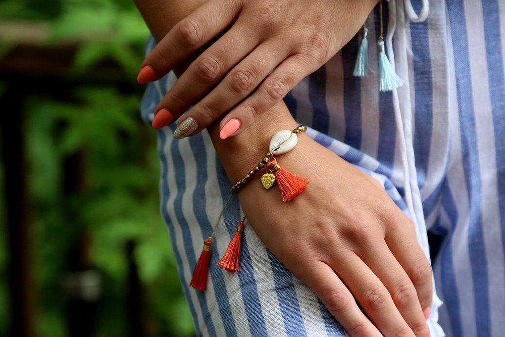 Beaded Shell Tassel Bracelet Coral