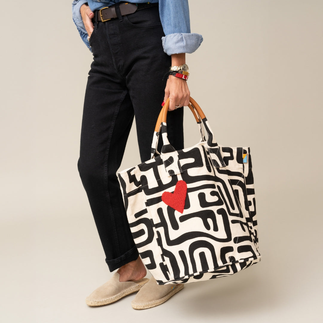 Weekender Bag - Black Kuba with Red Beaded Heart
