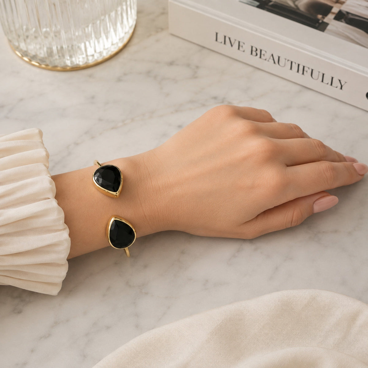 Dina Double Onyx Teardrop Cuff Bangle