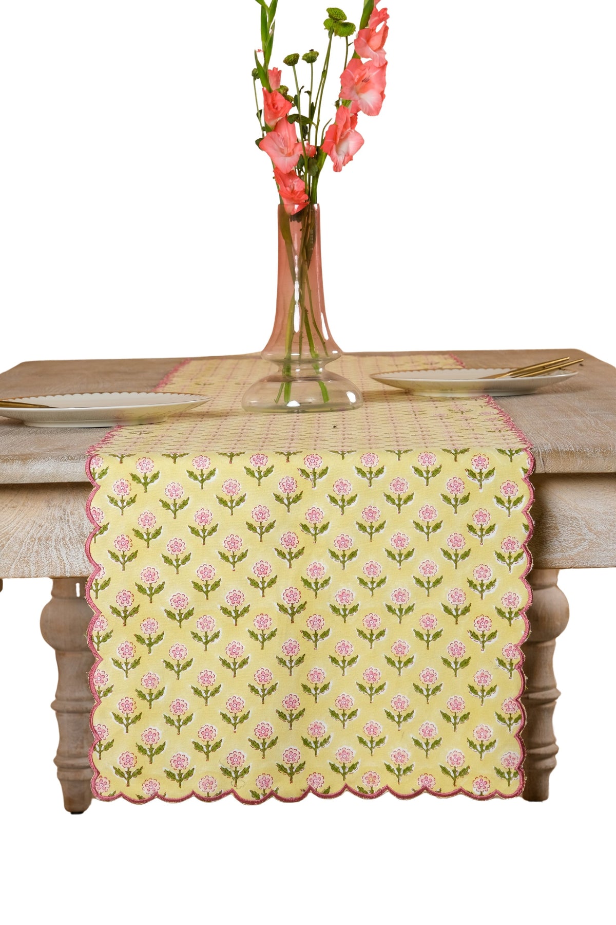 Mona Scallop Embroidered Blockprint Table Runner in Butter Yellow
