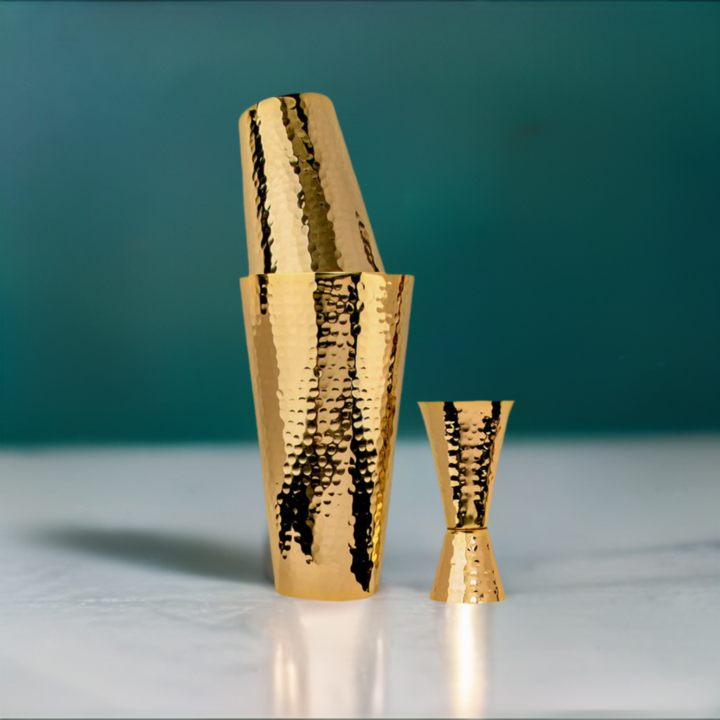 24K Gold Plate Hammered Copper 3 Piece Cocktail Shaker Set