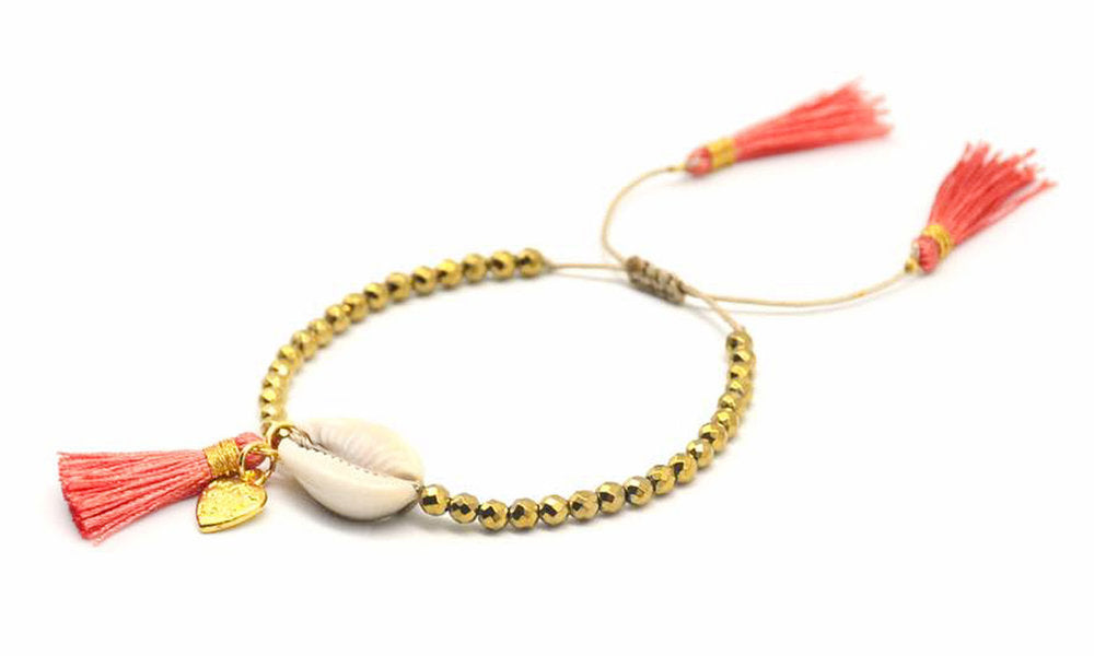 Beaded Shell Tassel Bracelet Coral