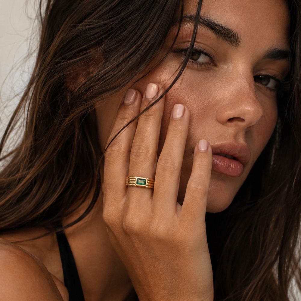 Green Glass Stone 18k Gold Plated Stainless Steel Ring