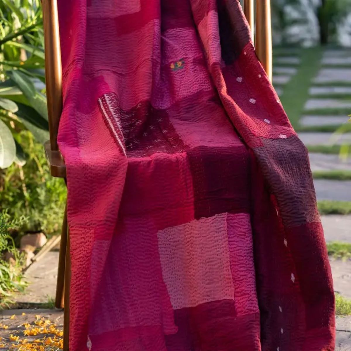 Landscape Fray Patch Handmade Vintage Kantha Throw - Red