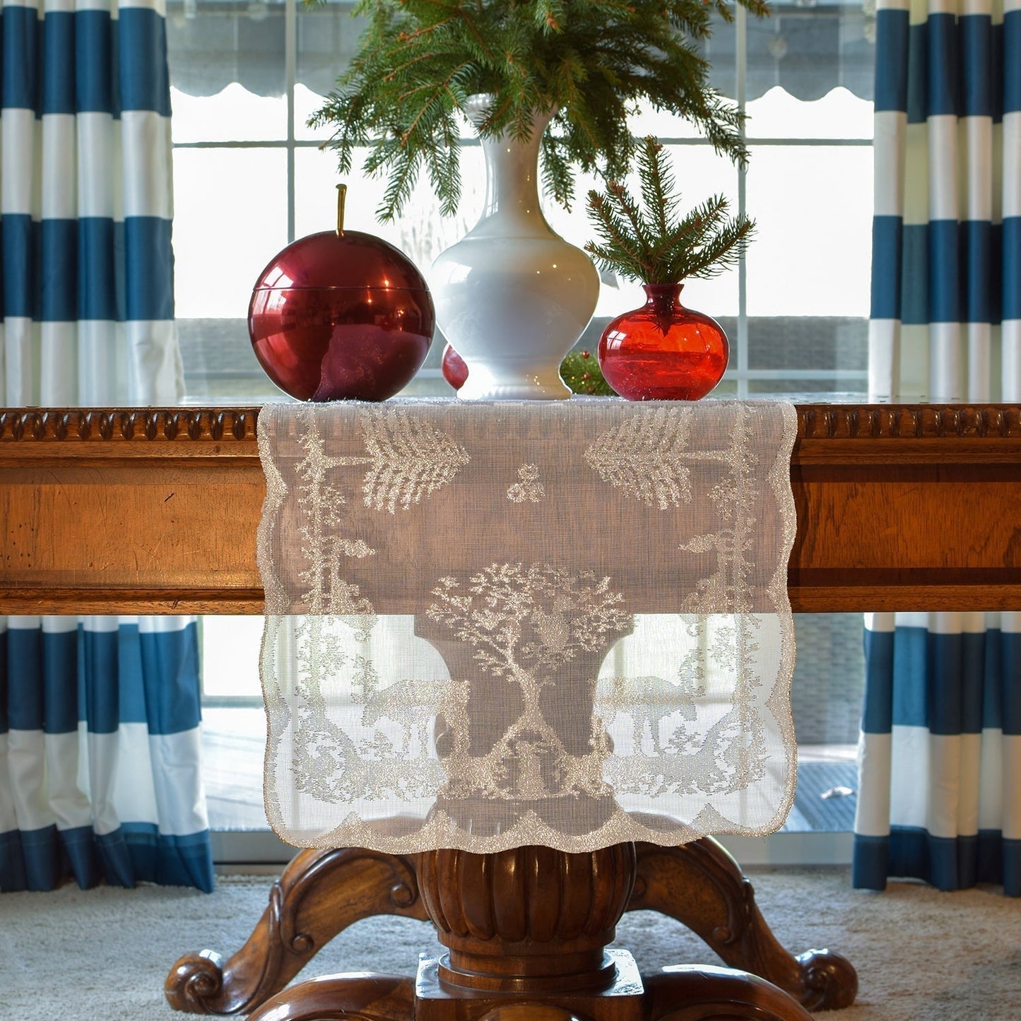 Prince of Scots Scottish White Leno Gauze Table Runner ~ Silver Lurex ~